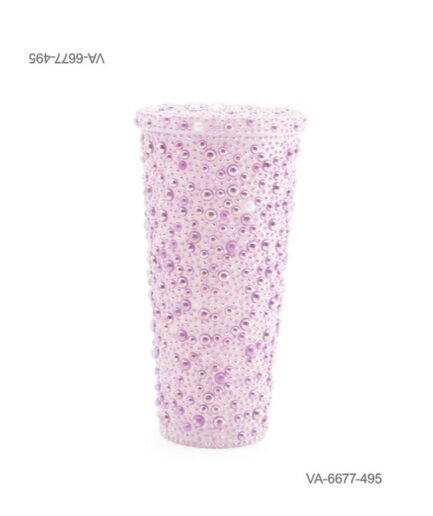 Vaso decorado con cuentas, perlas o brillantes de tonos lilas y rosados con efecto iridiscente, tapa a juego totalmente revestida VA6677