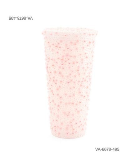 Vaso decorado con cuentas, perlas o brillantes de tonos rosados, tapa a juego totalmente revestida VA6678