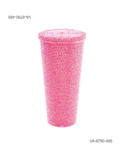Vaso decorado con cuentas, perlas o brillantes color fucsia, tapa a juego totalmente revestida VA6790