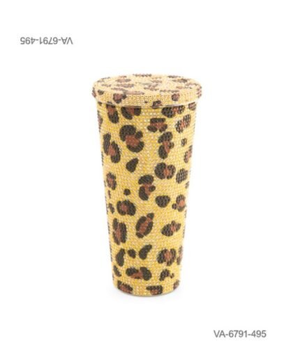 Vaso completamente cubierto de brillantes o pedrería con estampado animal print (tipo leopardo), con tapa a juego totalmente revestida VA6791