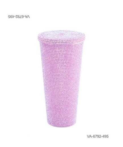 Vaso completamente cubierto de brillantes o pedrería de tono rosa iridiscente, con tapa a juego totalmente revestida VA6792