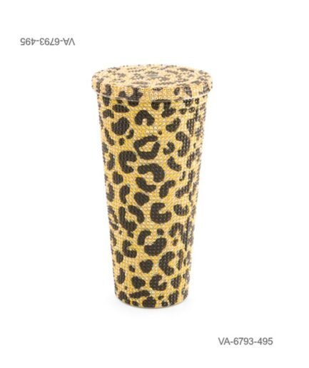 Vaso completamente cubierto de brillantes o pedrería con estampado animal print (tipo leopardo), con tapa a juego totalmente revestida VA6793