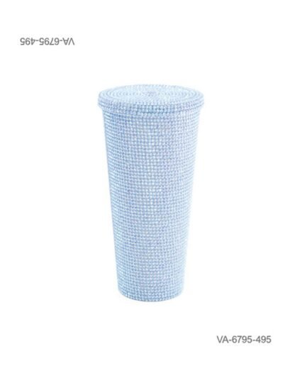 Vaso completamente cubierto de brillantes o pedrería de tono celeste iridiscente, con tapa a juego totalmente revestida VA6795