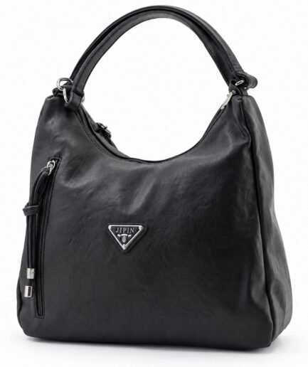 Cartera casual de mujer en ecocuero negro con bolsillo lateral y detalle de placa C0315
