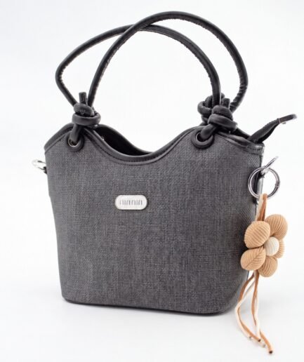 Cartera casual de mujer en tela y ecocuero gris con llavero de flor colgante C0345
