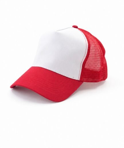 Gorra tipo camionero bicolor con visera y frente blancos acompañados de malla trasera y detalles en rojo vibrante G0084