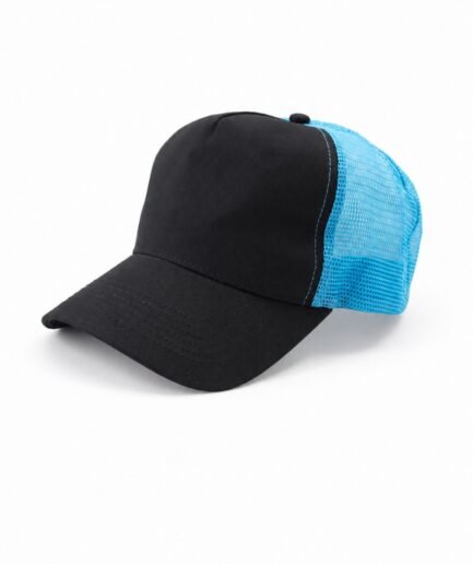 Gorra tipo camionero bicolor con frente negro liso y malla trasera en tono azul celeste G0087