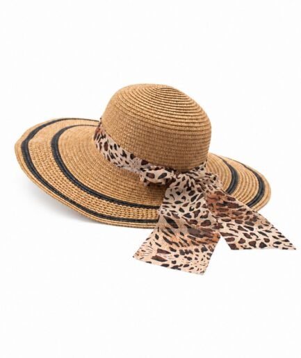 Sombrero veraniego de protección solar con diseño clásico de copa redonda, ala amplia y un toque sofisticado de estampado animal print G0105