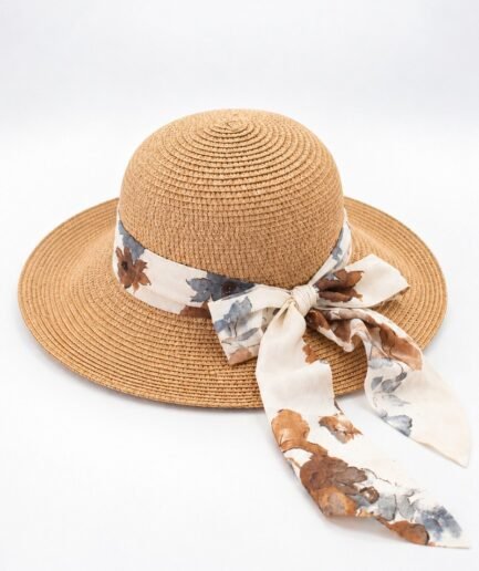Sombrero veraniego de paja con pañuelo estampado y lazo elegante SO491
