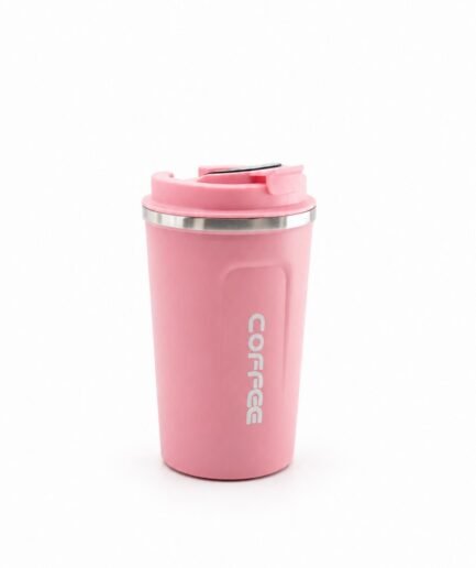 Vaso térmico o taza de viaje de acero inoxidable en color rosado pastel con la palabra "COFFEE" T001 0154