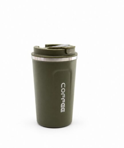 Vaso térmico o taza de viaje de acero inoxidable en color verde oliva con la palabra "COFFEE" T001 0163