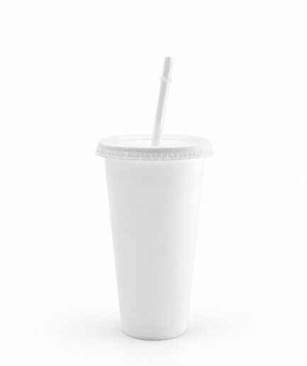 Vaso reutilizable tipo tumbler en color blanco con acabado mate y una pajita (sorbete) a juego con tope de seguridad T001 0199