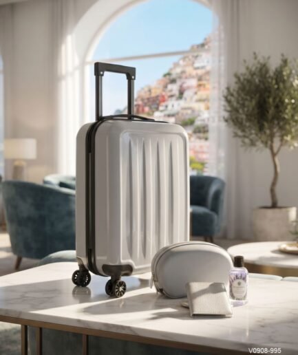 Valija carry on rígida de mano en color gris con ruedas multidireccionales y asa telescópica negra V0908